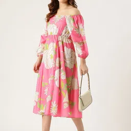 Sleek Italia Women Floral Printed Cotton Off-Shoulder Puff Sleeve Empire Midi Dress image 4