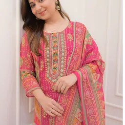 Ethnic 3 You Women Ethnic Motifs Printed Regular Thread Work Pure Cotton Kurta with Trousers & With Dupatta image 5