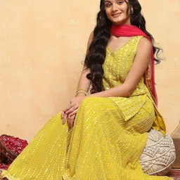 Biba Girls Ethnic Motifs Embroidered Regular Mirror Work Kurta with Sharara & With Dupatta-image-44
