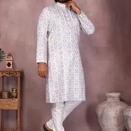 swadeshi collection Motifs Printed Band Collar Pure Cotton Straight Kurta With Pyjamas image 3