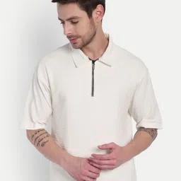 HAUTEMODA Textured Pure Cotton Polo Collar T-shirt-image-6