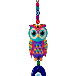 LINENSUTRA Blue & Red Printed Wooden Owl Evil Eye Wall Hangings-picture-39