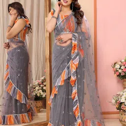 ODETTE Embellished Mirror Work Net Saree image 1
