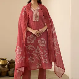 Anouk Floral Printed V-Neck Thread Work Linen Kurta with Trousers & With Dupatta-picture-28