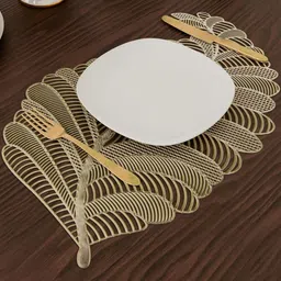 Aura Gold-Toned 2 Pieces Self-Design Leather Leaf Shaped Table Placemats image 3