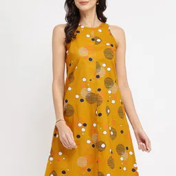 Pink Fort Women Yellow Cotton Geometric Printed A-Line Dress-image-1