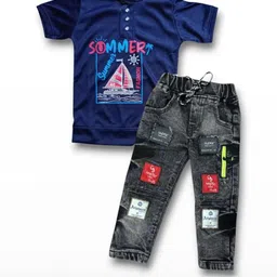 Gori Garmentss Boys Printed Dark Blue T-shirt & Black Jeans Set-image-34