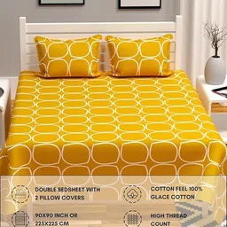 LUZDECOR Yellow & Yellow Geometric Bedsheet with 2 Pillow Covers image 5