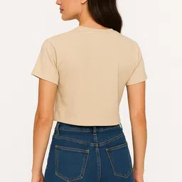 eveliy Women Printed, Typography Round Neck Cotton Blend Beige T-Shirt image 2