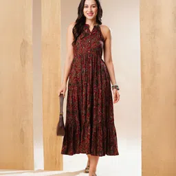 globus Women Fit and Flare Maroon Midi/Calf Length Dress-picture-11