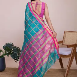 kalini Teal Soft Cotton Saree With Zari Lace Border And Contrast Blouse image 2