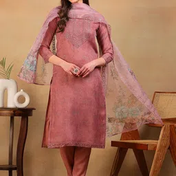 House of Pataudi Floral Printed Notch Neck Organza Straight Kurta & Trousers With Dupatta-image-13