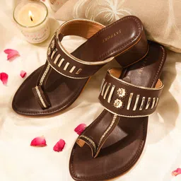 JAYPORE Women Embellished Leather Open Toe Ethnic Block Sandals image 4