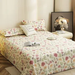 Story@home Off White Floral Printed 300 TC Microfiber King Bedsheet with 2 Pillow Covers-picture-24