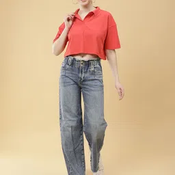 The Roadster Lifestyle Co Oversized Fit Polo Collar Crop T-Shirt-image-45