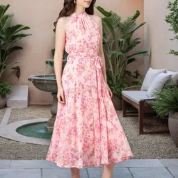 Souchii Floral Print Halter Neck Layered Chiffon Fit & Flare Maxi Dress image 4