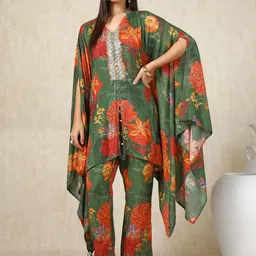 Soch Green Floral Printed V-Neck Three-Quarter Sleeves Top With Trouser image 1