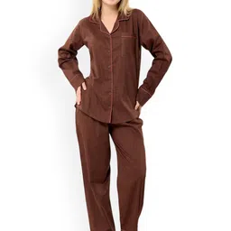 Piu Women Lapel Collar Shirt & Pyjamas Night suit-image-1
