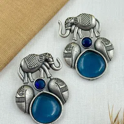 NAMAN ARTS Silver-Plated Artificial Stones Studded Oxidised Animal Shaped Studs-picture-18