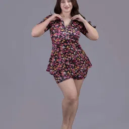 Keepfit Women Floral Printed Padded Plus Size Swimset With Zipper Top & Boyshorts image 3