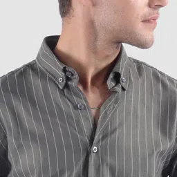 Beyoung Men Ash Grey Stripe Button Down Collar Shirt image 2