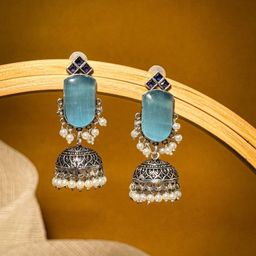 NAMAN ARTS Silver-Plated Artificial Stones Studded & Beaded Dome Shaped Oxidised Jhumkas-picture-44