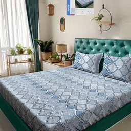 KLOTTHE Blue Floral 400 TC Pure Cotton Double Bedsheet in Book Fold Packing-image-76