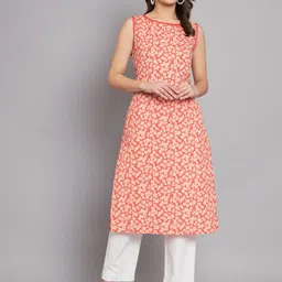 KALINI Round Neck Floral Printed Straight Cotton Kurta-image-9