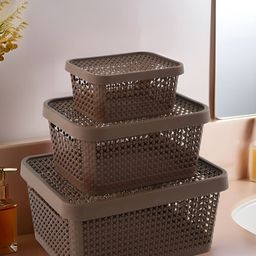 Myntra Elegant Homes Brown 3 Pieces Stackable Tote Basket Organisers With Lid-picture-9