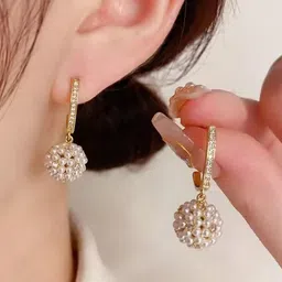 PolluxCraft Korean Gold-Plated Stones Studded & Pearls Beaded Contemporary Hoop Earrings image 4