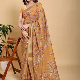HERE&NOW Ethnic Motifs Printed Zari Pure Linen Banarasi Saree image 5