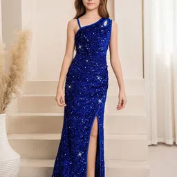 FOLENNE Embellished One Shoulder PU Coated Velvet Maxi Dress image 2