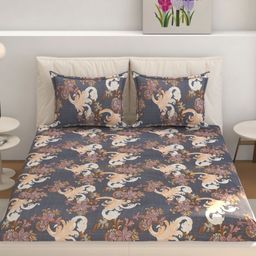 MOGNE FAB Grey & Brown Floral Cotton Fitted 210 TC King Bedsheet Set 2.28 m x 2.54 m-picture-17
