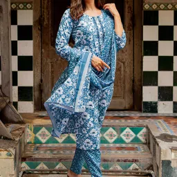 KALINI Women Floral Printed Regular Sequinned Pure Cotton Kurta with Trousers & With Dupatta image 4