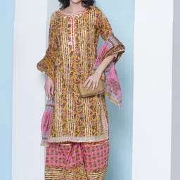 LABEL KASHI Floral Printed Round Neck Pure Cotton Straight Kurta With Palazzos & Dupatta-picture-38
