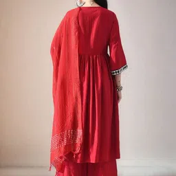 Sangria Geometric Yoke Design V-Neck Miorr Work Anarkari Kurta With Trousers & Dupatta image 5