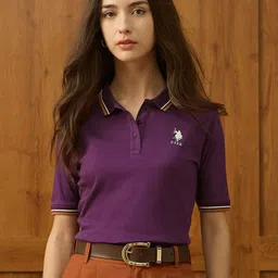 U.S. Polo Assn. Women Solid Regular Fit Polo Collar Cotton T-shirt-picture-11