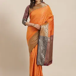 KIMISHA Striped Zari Silk Blend Banarasi Saree-image-4