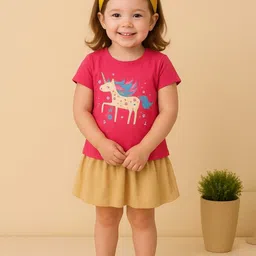 Kidbea Girls Unicorn Printed Short Sleeves Pure Cotton T-shirt With Skirt-picture-46