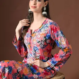 Syrish Women Floral Printed Regular Thread Work Kurta with Palazzos image 5