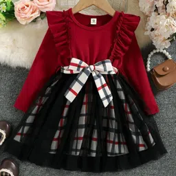 YK Girls Checked Ruffled Long Sleeves Fit and Flare Dress-image-90