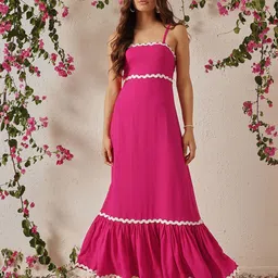 ATRAENTA Women Solid Shoulder Straps Lace Inserts Detail Flounce Hem Maxi Dress-picture-24