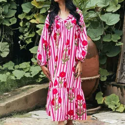 Satnam Handicrafts Floral Printed Puff Sleeve Ruffled Kaftan Maxi Dress-picture-33