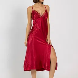 Chelvet Solid Satin Shoulder Straps Sleeveless Midi Nightdress image 2