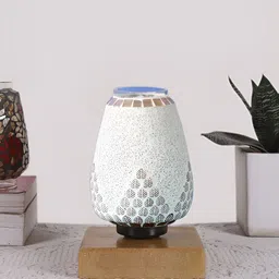 Aura White & Gold Toned Textured Bell Shaped Glass Table Lamp with Wooden Base image 2