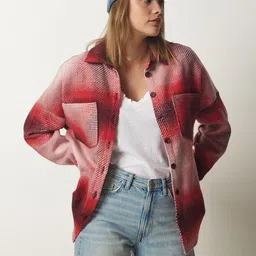 Happiness istanbul Women Washed Checked Longline Denim Jacket-picture-13