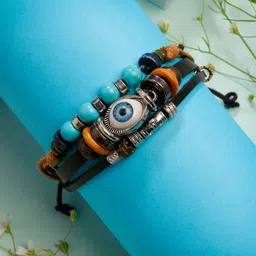 The Roadster Lifestyle Co Men Evil Eye Beaded Leather Wraparound Bracelet-image-89