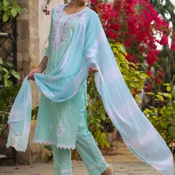 AARAAS Women Floral Self Design Cotton Kurta with Trouser & Dupatta image 2