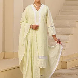 Indo Era Women Ethnic Motifs Embroidered Regular Pure Cotton Kurta with Trousers & Dupatta image 2