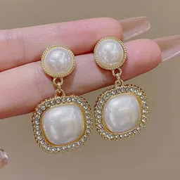 Celestique Korean Gold Plated Pearls Contemporary Drop Earrings-picture-16